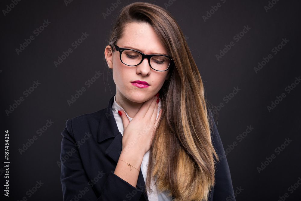 Sad female manager felling sick and suffering Sad female manager felling sick and suffering