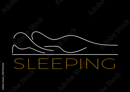 Vector sign ergonomic mattress, woman sleeping on the bed, black background