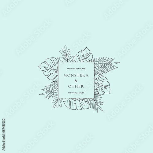 Monstera Tropical Leaves Fashion Sign or Logo Template. Abstract Foliage with Square Border and Classy Typography. Good for Wedding or Party Invitation, etc.