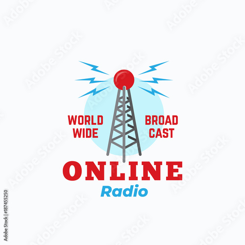 Online Radio Abstract Vector Sign, Symbol or Logo Template. Vintage Style Antenna Tower with Retro Typography.