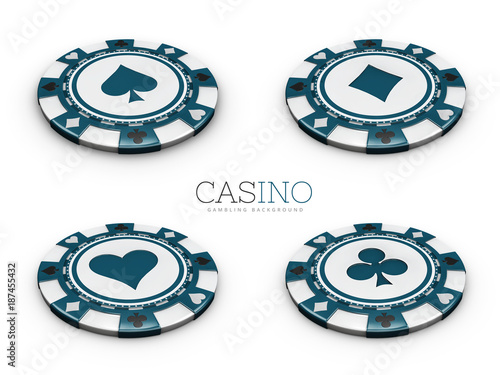 3d Illustration of Casino chip with card suits isolated white background.