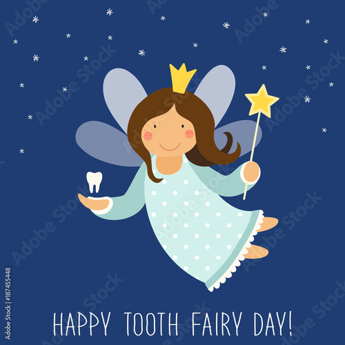 Cute hand drawn card with funny smiling cartoon character of tooth fairy