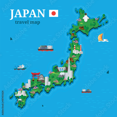 Japan map for traveler with local oriental attractions vector image flat style
