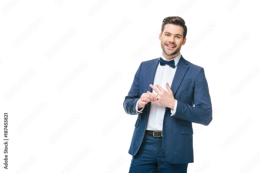 portrait of cheerful man wearing wedding ring isolated on white portrait of cheerful man wearing wedding ring isolated on white
