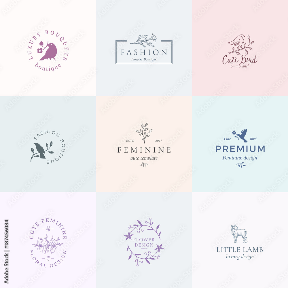 Abstract Feminine Vector Signs, Symbols or Logo Templates Set. Retro Floral Illustration with Classy Typography, Birds and Lamb. Premium Quality Emblems for Beauty Salon, SPA, Wedding Boutiques, etc.