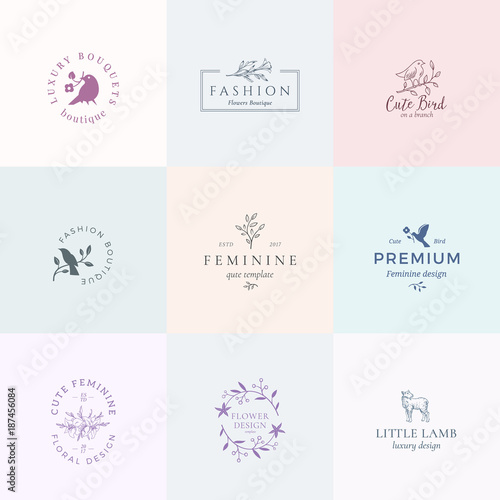 Abstract Feminine Vector Signs  Symbols or Logo Templates Set. Retro Floral Illustration with Classy Typography  Birds and Lamb. Premium Quality Emblems for Beauty Salon  SPA  Wedding Boutiques  etc.