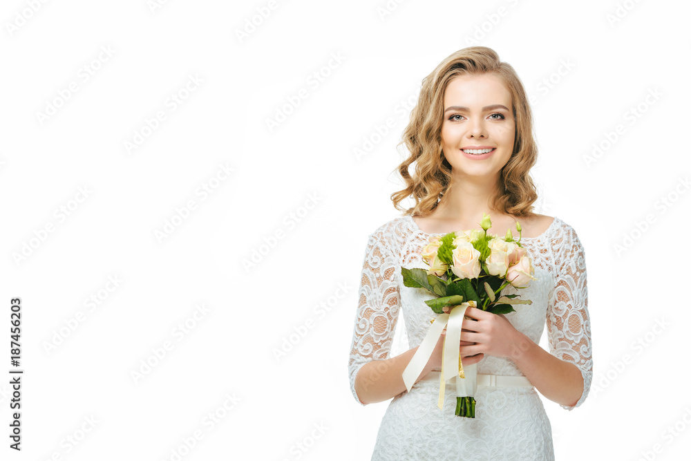 portrait of young bride with wedding bouquet in hands isolated on white portrait of young bride with wedding bouquet in hands isolated on white