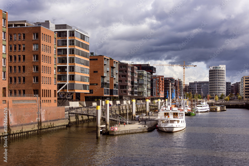 Germany, Hamburg, Speicherstadt: Panoramic view of famous warehouse district in the city center. October 09, 2017