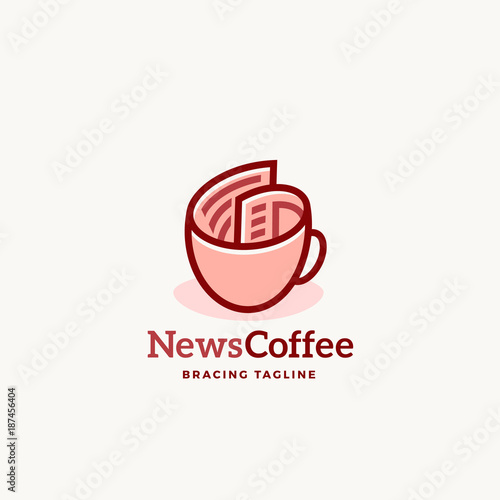 News Coffee Abstract Vector Sign Emblem or Logo Template. Newspaper roll as a Coffee Cup Concept with Modern Typography.