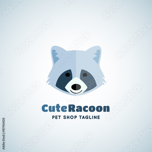 Cute Raccoon Vector Sign Emblem or Logo Template. Funny Racoon Face in Flat Style Concept with Modern Typography.