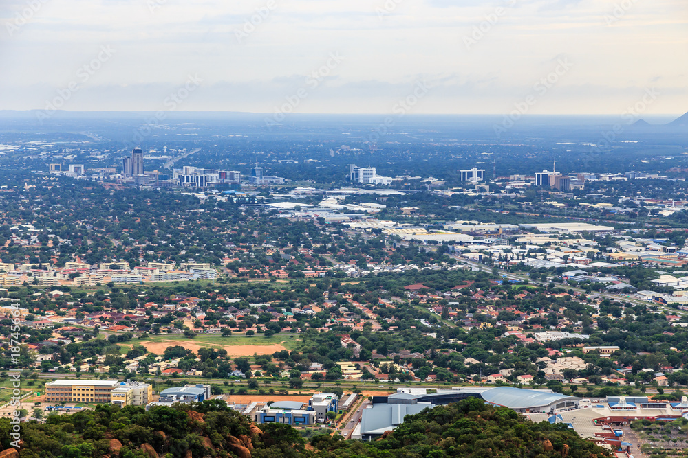 Aerial view of Gaborone city downtown spread out over the savannah, Gaborone, Botswana, Africa, 2017