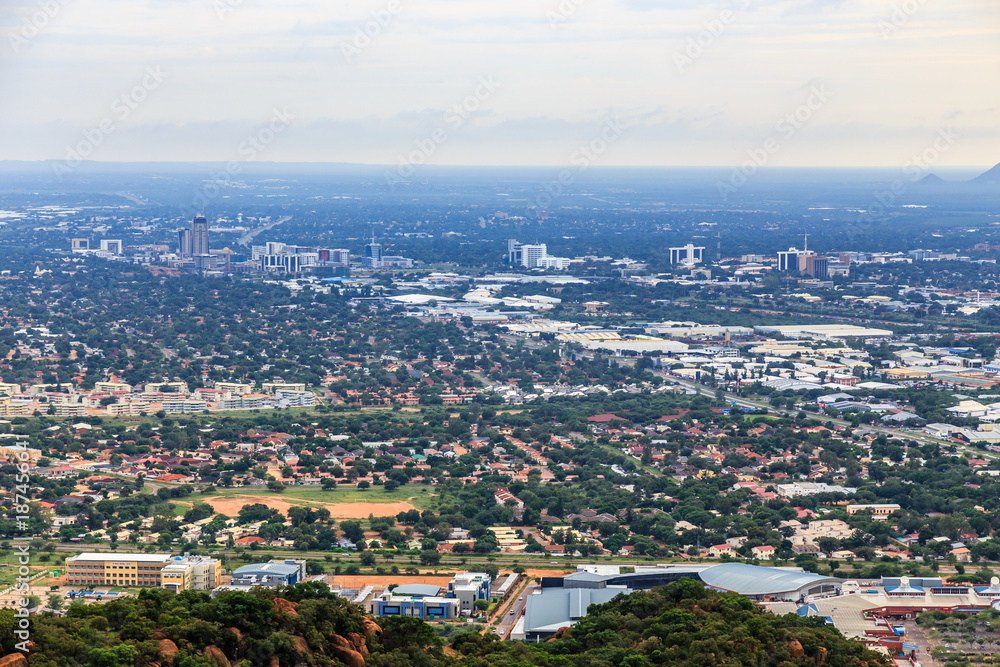 Aerial view of Gaborone city downtown spread out over the savannah, Gaborone, Botswana, Africa, 2017 Aerial view of Gaborone city downtown spread out over the savannah, Gaborone, Botswana, Africa, 2017