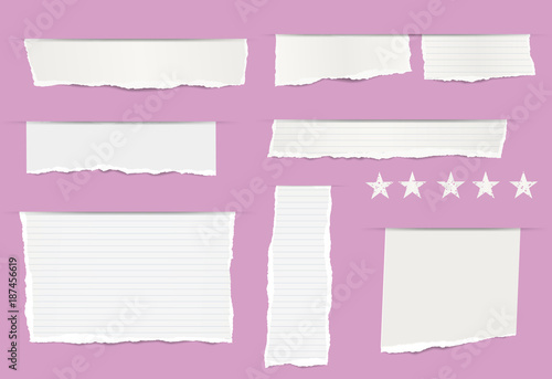 Pieces of torn white blank and ruled copybook strips inserted into cut paper on purple background with stars.