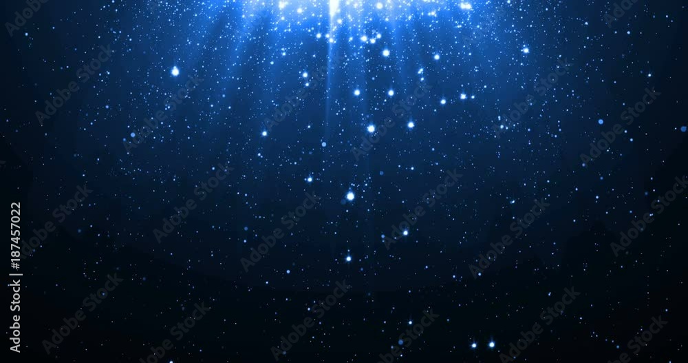 Blue glitter particles background with shining neon stars falling down and light flare or glare overlay effect above for luxury premium product design or award template backdrop. Magical radiance loop