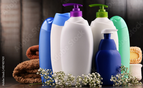 Plastic bottles of body care and beauty products