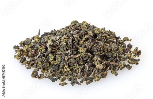 Dried green oolong tea isolated on white background