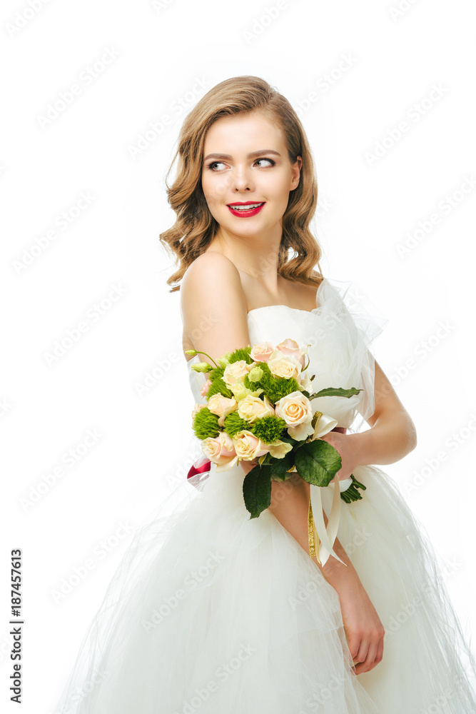 portrait of beautiful smiling bride with wedding bouquet isolated on white portrait of beautiful smiling bride with wedding bouquet isolated on white
