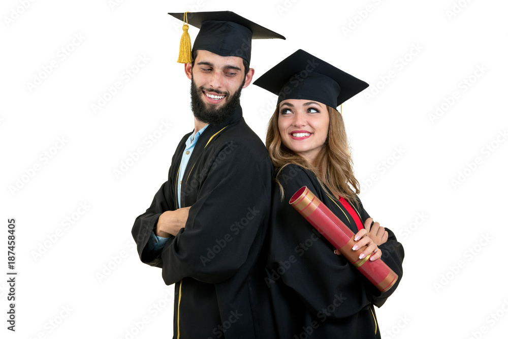 Portrait of two happy graduating students. Isolated over white background. Portrait of two happy graduating students. Isolated over white background.