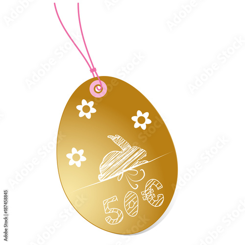 Ostern Gutschein 50€ - goldener eiförmiger Anhänger mit schraffiertem Osterhasen, Blumen und rosa Band