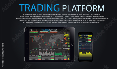 Trade market. Binary option. Set web flat Infographic elements, map, diagram, hand with phone tablet laptop. HUD UI for business app for phone and tablet. Futuristic user interface