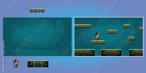 platform game pixel art graphics kit, video game vector illustration