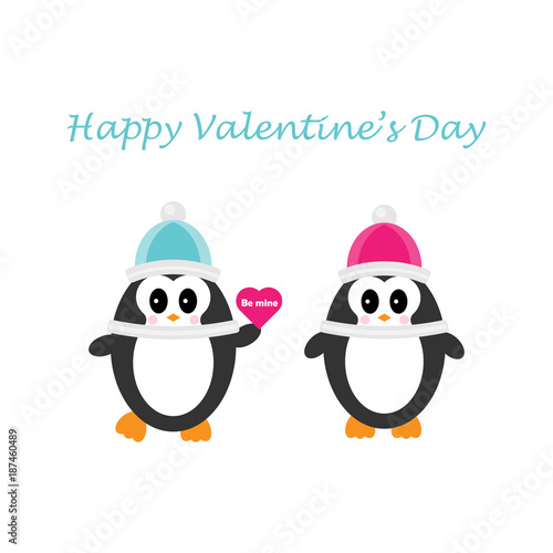Cute couple of penguins fallen in love, happy valentine's day, holding a heart, flat design for invitation card, vector illustration in cartoon style