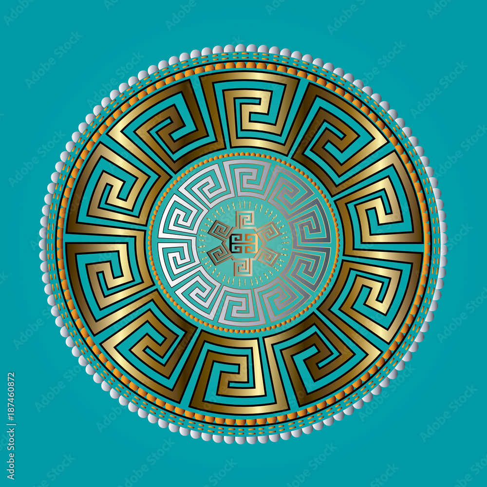 Ancient round ornament. Vector gold meander pattern on the blue background. Antique mandala with golden silver black greek key ornaments. Ornamental design. Graphic decor. Geometric abstract  texture