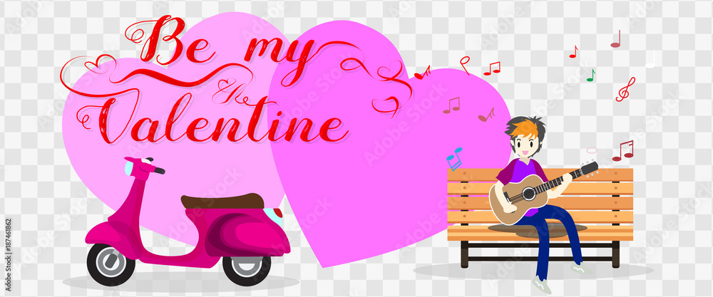 Boy playing guitar on a classic motorcycle for Valentine's day. on happy valentine's day and Love pink background design for valentine's festival .Vector illustration.Cartoon style.