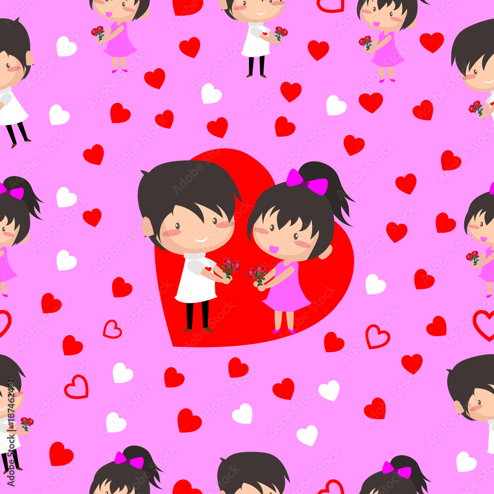 Boy and Girl love Hearts seamless pattern background, ideal for celebrations, wedding invitation, and valentine's day festival .Vector illustration.Cartoon style. Boy and Girl love Hearts seamless pattern background, ideal for celebrations, wedding invitation, and valentine's day festival .Vector illustration.Cartoon style.