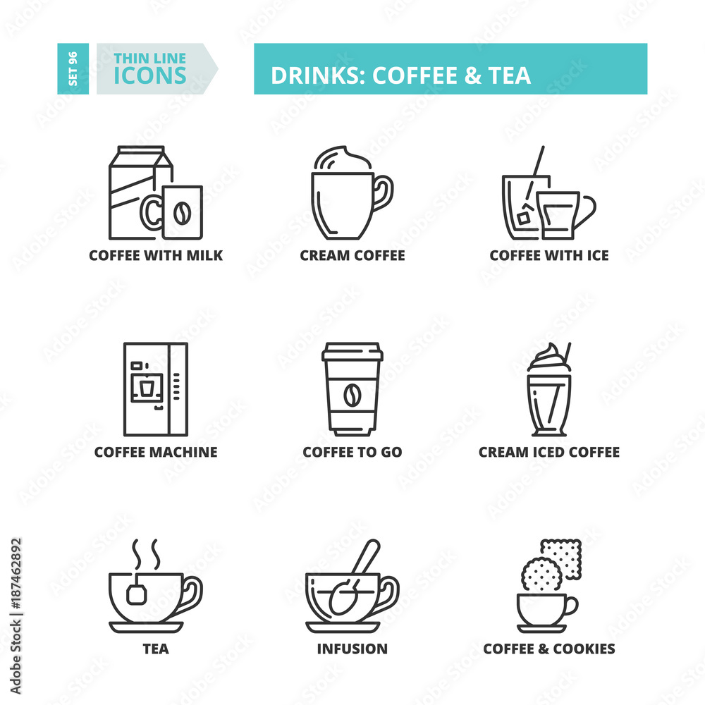 Thin line icons. Drinks: coffee and tea