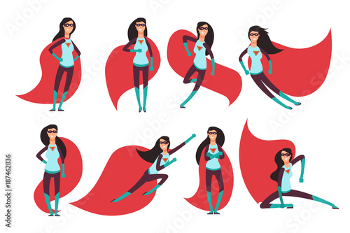 Comic superwoman actions in different poses. Female superhero vector cartoon characters