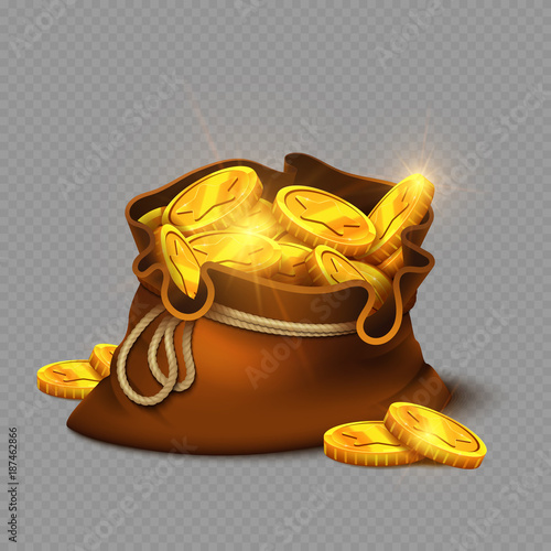 Cartoon big old bag with gold coins isolated on transparent background