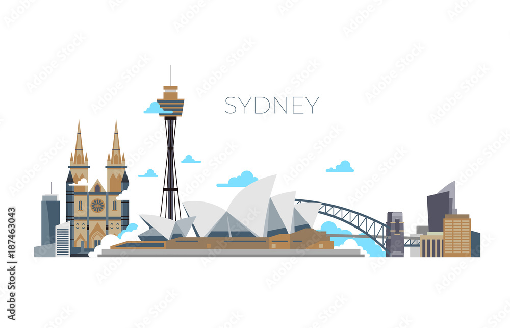 Obraz premium Panorama wektor miasta Sydney. Punkt orientacyjny podróży Australii w stylu płaski