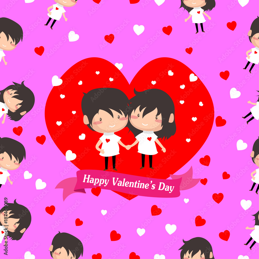 Boy and Girl love Hearts seamless pattern background, ideal for celebrations, wedding invitation, and valentine's day festival .Vector illustration.Cartoon style. Boy and Girl love Hearts seamless pattern background, ideal for celebrations, wedding invitation, and valentine's day festival .Vector illustration.Cartoon style.