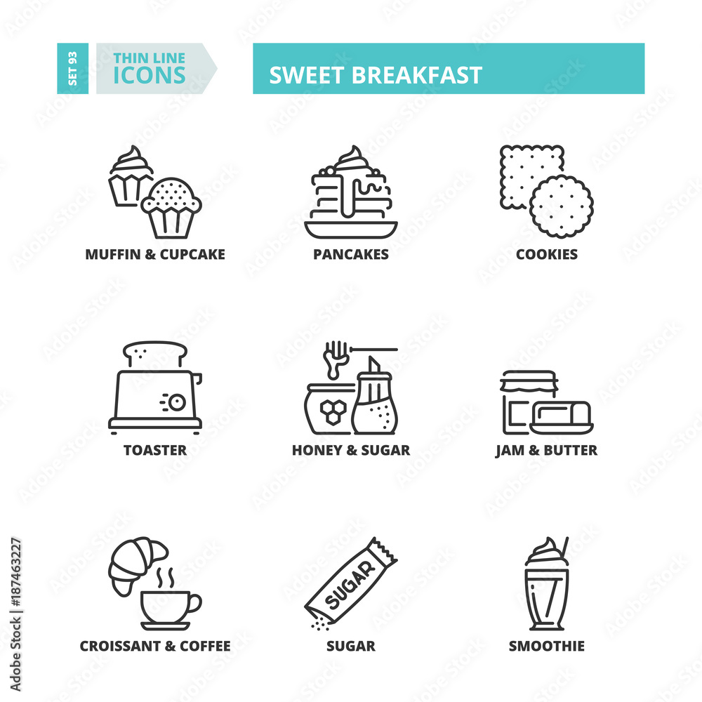 Thin line icons. Sweet breakfast Thin line icons. Sweet breakfast