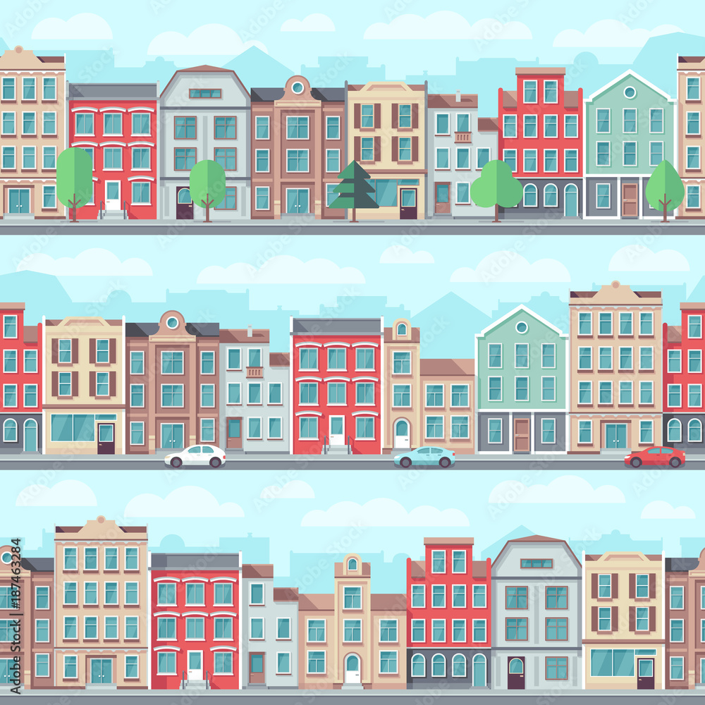 Cartoon seamless street with old apartment buildings, trees and cars vector set