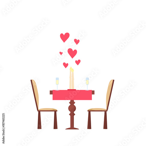 Valentine's day decor. Dinner for couple in love dating. Heart, candle, champagne