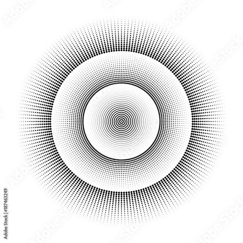 Radial black and white round pattern of dots. Vector Abstract background