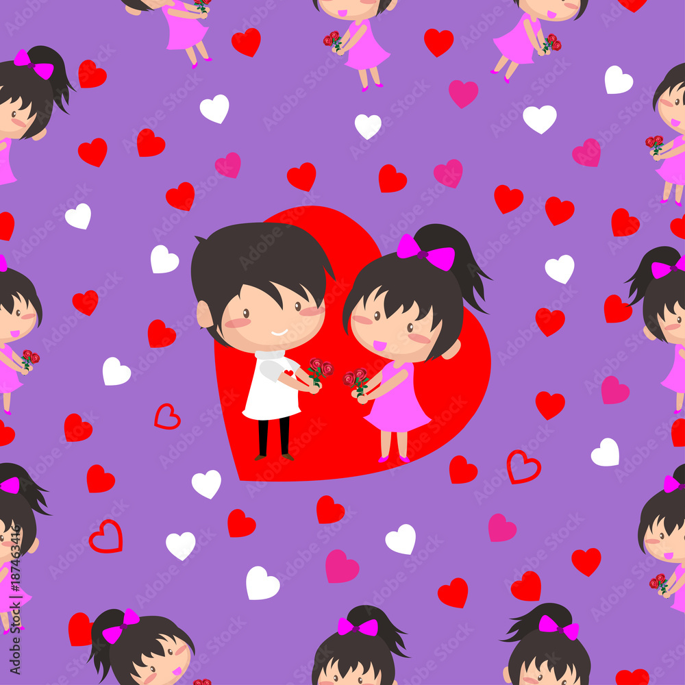 Boy and Girl love Hearts seamless pattern background, ideal for celebrations, wedding invitation, and valentine's day festival .Vector illustration.Cartoon style. Boy and Girl love Hearts seamless pattern background, ideal for celebrations, wedding invitation, and valentine's day festival .Vector illustration.Cartoon style.