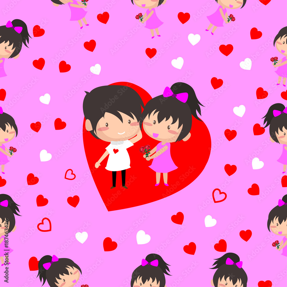 Boy and Girl love Hearts seamless pattern background, ideal for celebrations, wedding invitation, and valentine's day festival .Vector illustration.Cartoon style. Boy and Girl love Hearts seamless pattern background, ideal for celebrations, wedding invitation, and valentine's day festival .Vector illustration.Cartoon style.