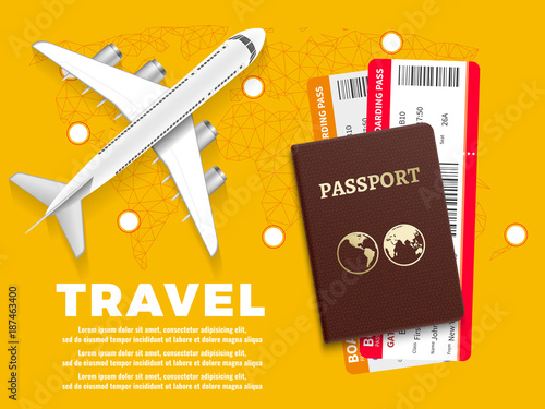 Air travel banner with plane world map and passport - vacation concept design