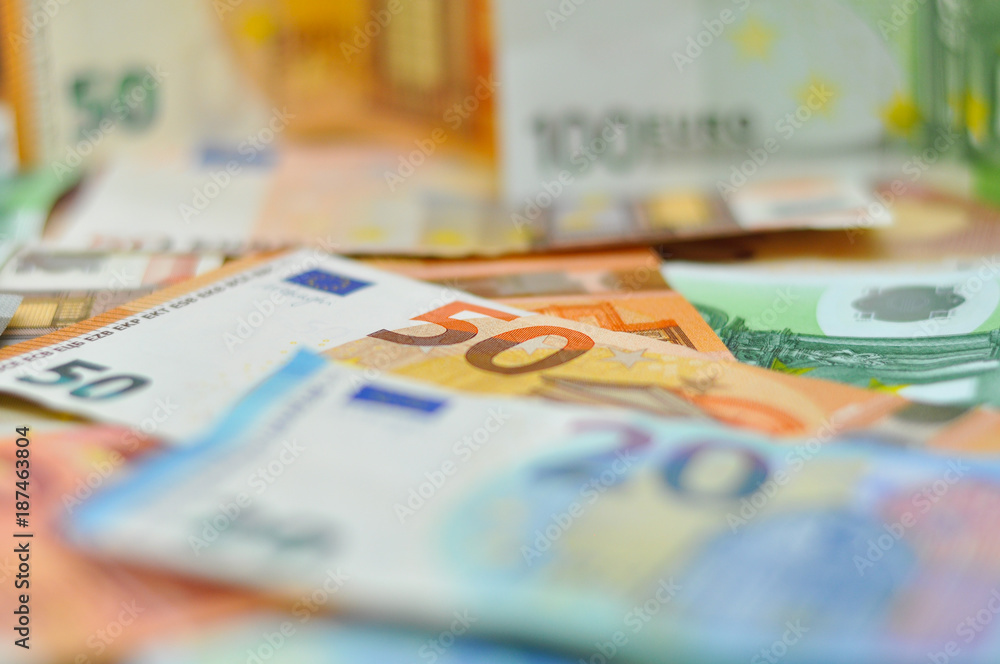 Pile of paper euro banknotes. Euro money banknote, business and finance concept
