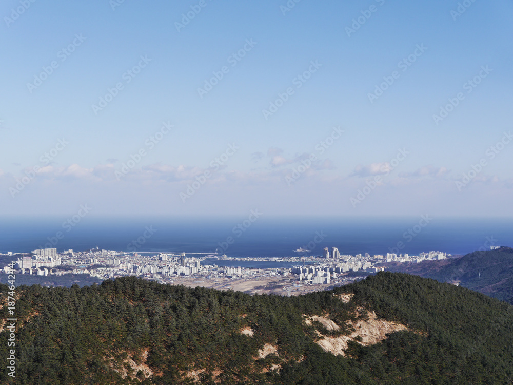 The great view to Sokcho city from the peak. Seoraksan National Park, South Korea