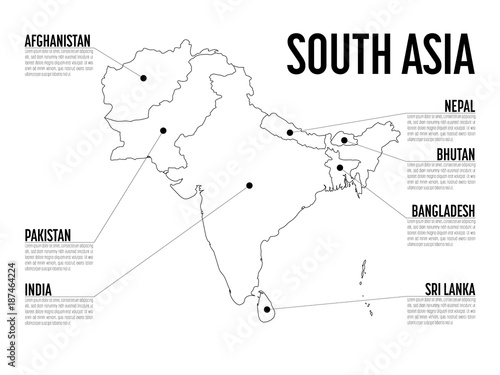 Infographic map of South Asia. Modern template with text in black and white. Vector illustration.
