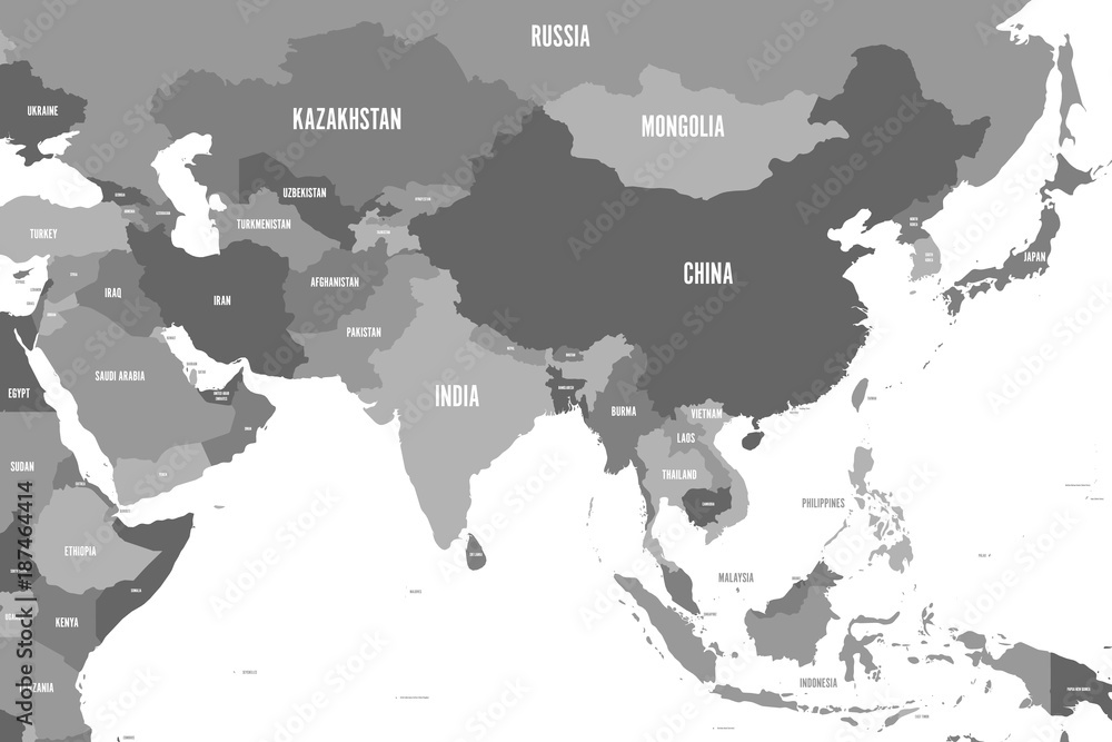 Obraz premium Political map of western, southern and eastern Asia in shades of grey. Modern style simple flat vector illustration.