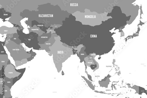 Political map of western, southern and eastern Asia in shades of grey. Modern style simple flat vector illustration.