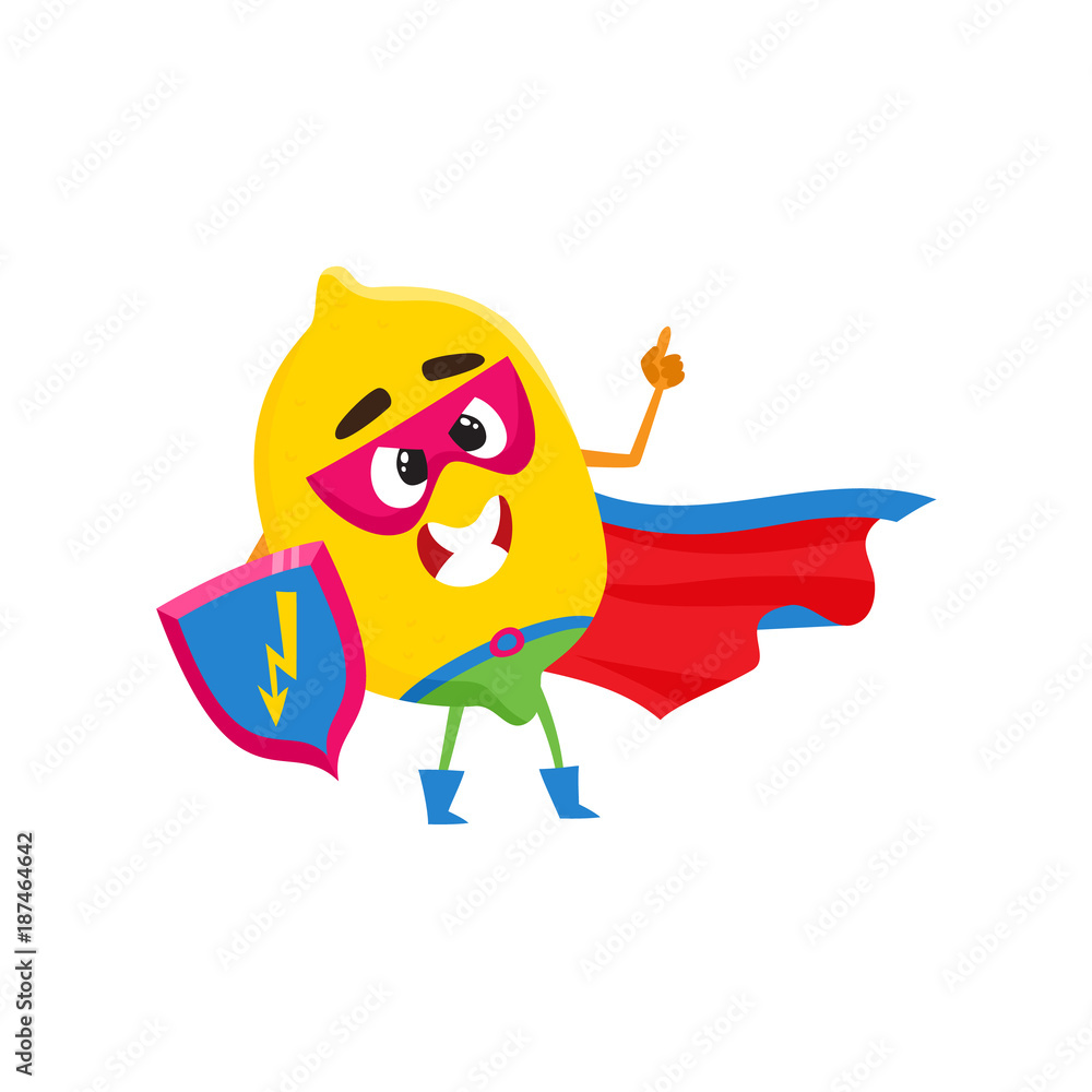 Lemon hero, superhero character in mask and cape holding a shield, comic, cartoon style vector illustration isolated on white background. Lemon fruit character in superhero mask and cape with shield