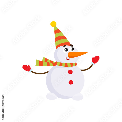 Cute, funny snowman with carrot nose in striped hat and scarf, cartoon vector illustration isolated on white background. Cartoon snowman character - two snowballs, carrot nose, striped scarf, mittens © sabelskaya