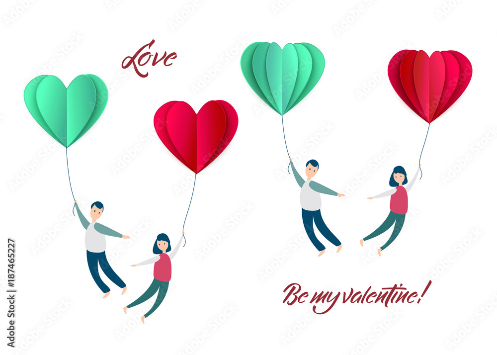 Vector happy valentines day invitation card, sale poster, party banner objects - man and girl couple flying at paper origami hearts - air balloons. Isolated illustration on a white background