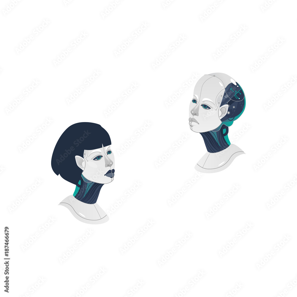 vector cartoon female and male cyborg heads icon. Man and woman with modern technology digital mechanical brain, artificial intelligence. Isolated illustration on a white background.